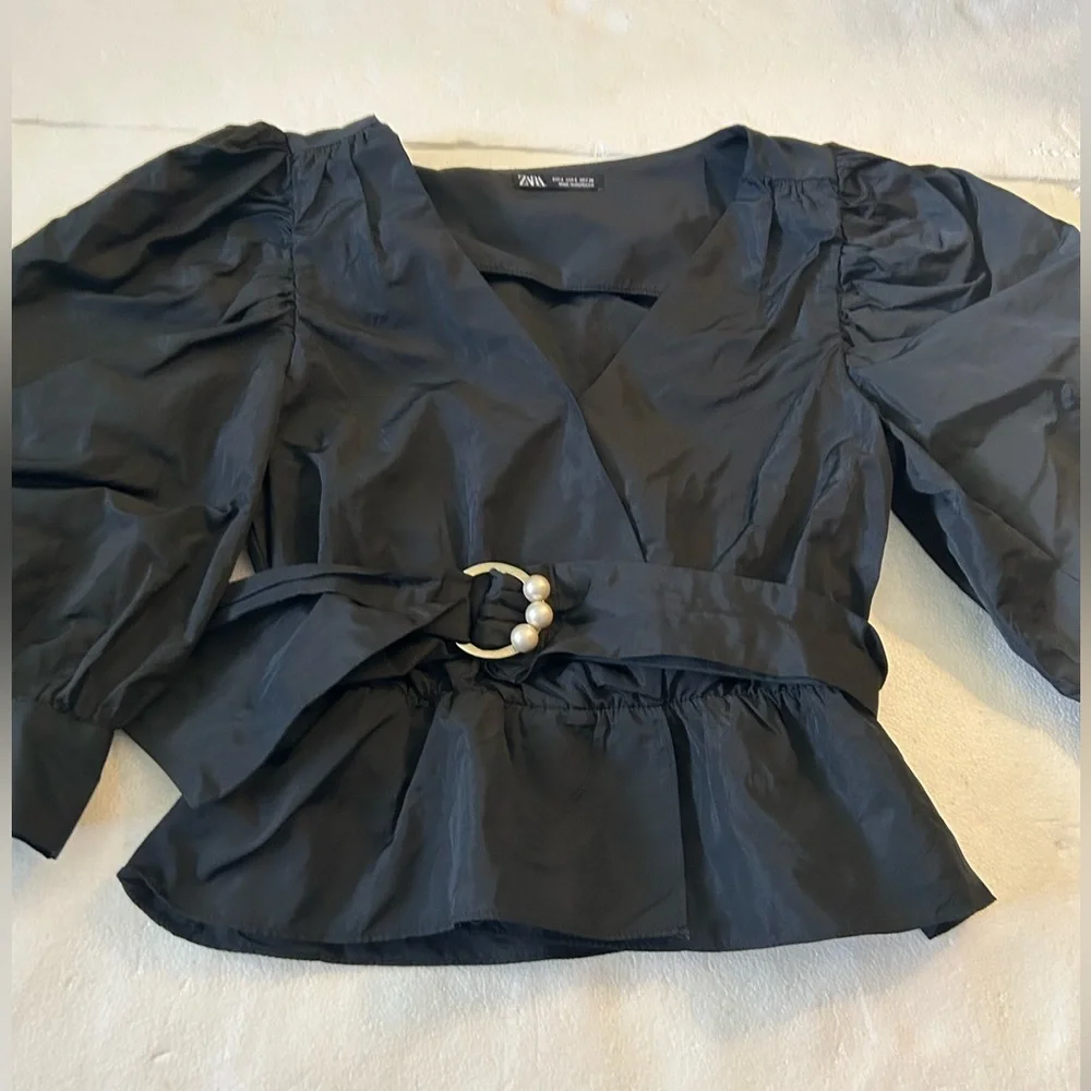 Zara Black Puff Sleeve Wrap Top with Pearl-Accent Belt